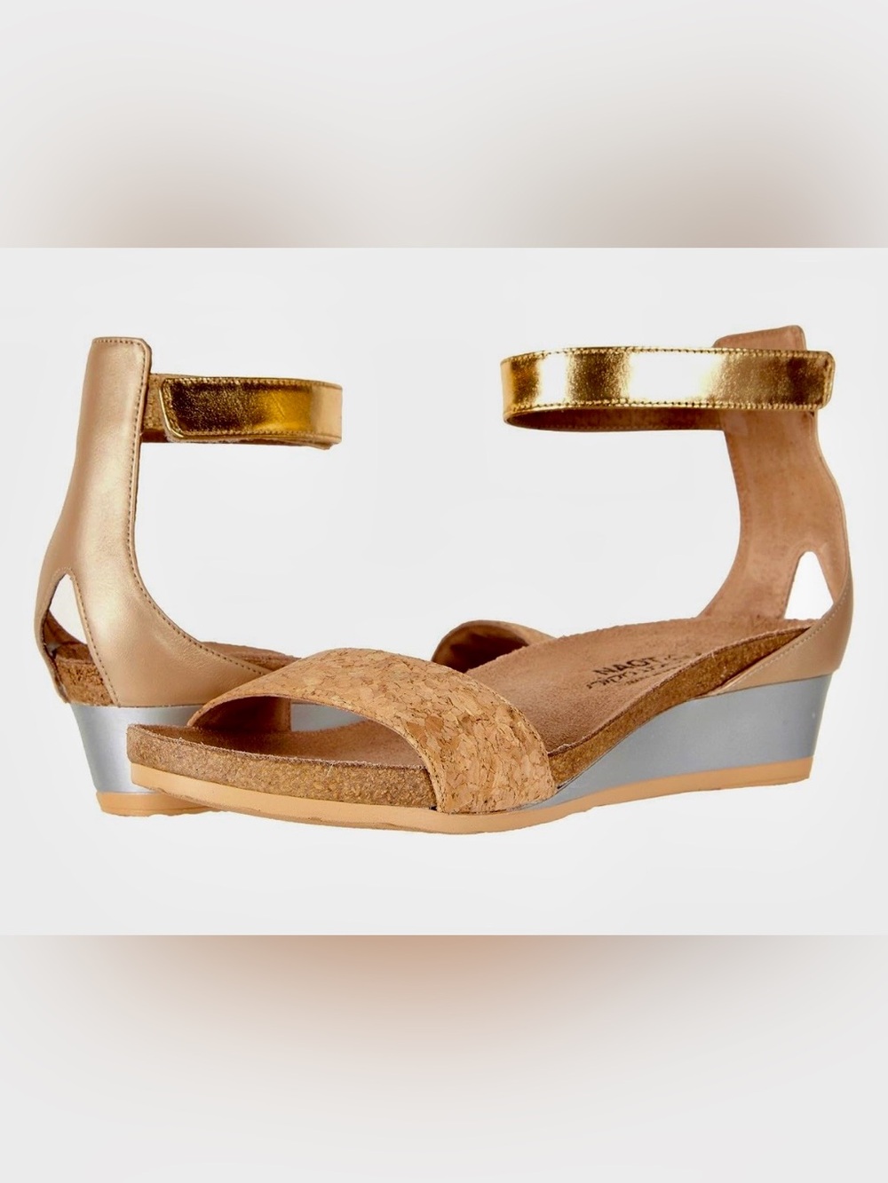 NAOT Pixie Wedge Leather/Cork Adjustable Ankle Strap Sandals 38 Tan/Gold Silver